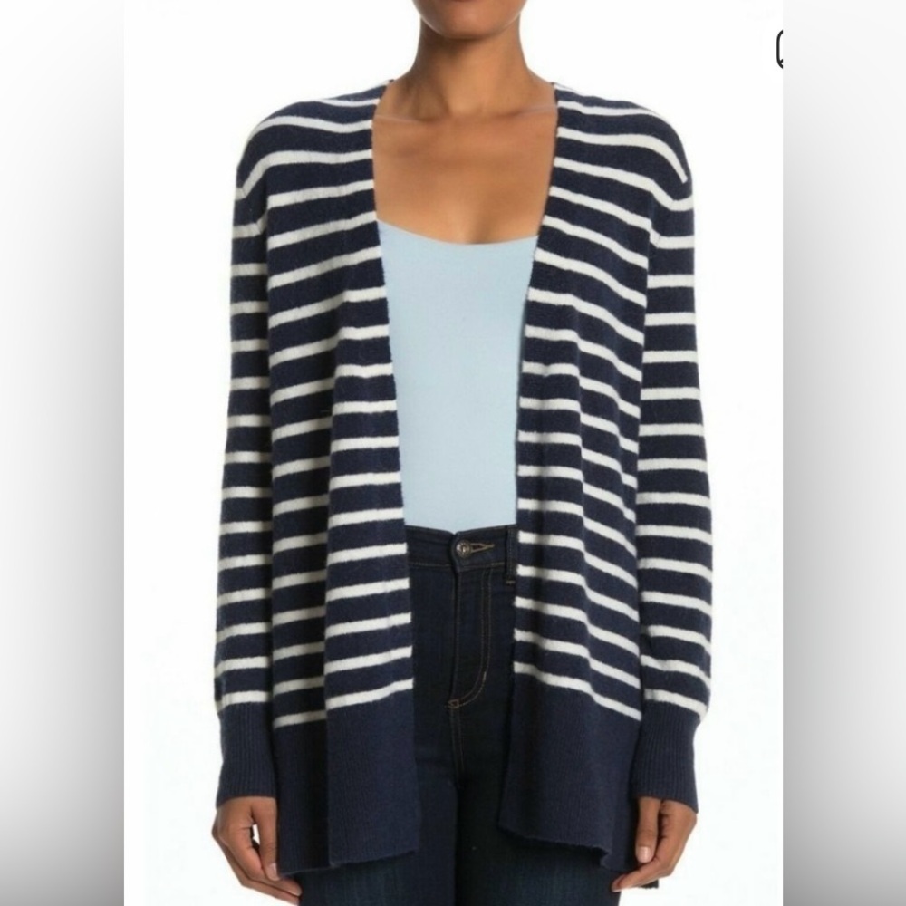 Madewell Navy and White Striped Wool and Alpaca Knit Cardigan, High Slits, Soft